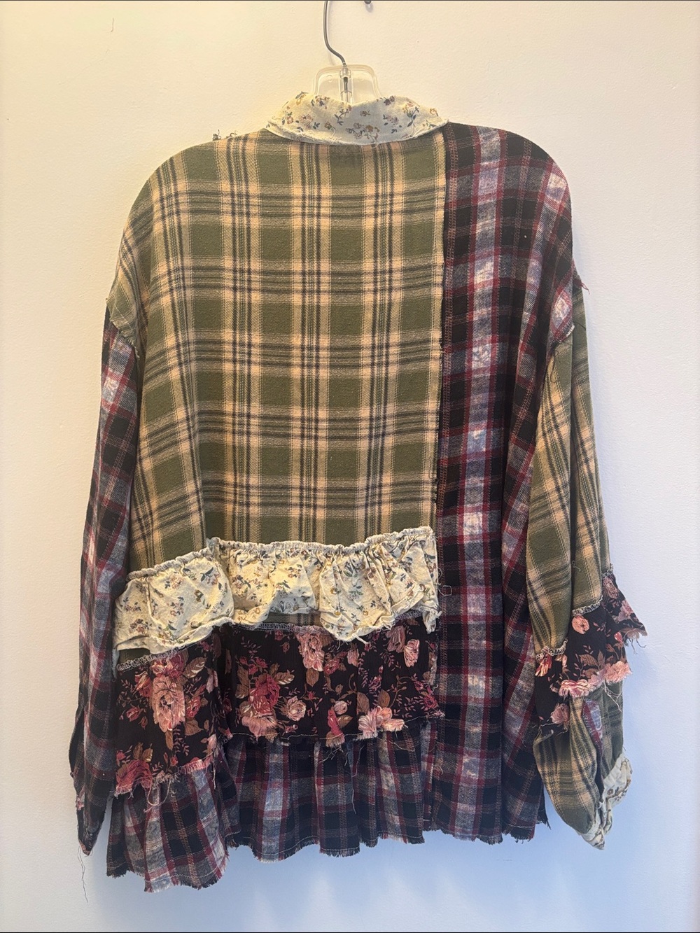 POL | Patchwork Plaid & Floral Jean Jacket in Olive, Burgundy, Cream Sz L - Picture 10 of 10
